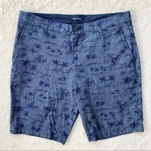 Nautica blue palm tree tiki hut flat front shorts